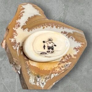 Peter Kuniliusee Clyde River vintage scrimshaw brooch little Eskimo ice fishing